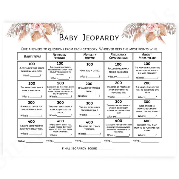 Jeopardy baby shower game boho, baby shower quiz, floral, boy, girl gender neutral, digital download