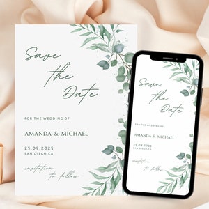 Save the date greenery template, eucalyptus template electronic and printable card. Digital download