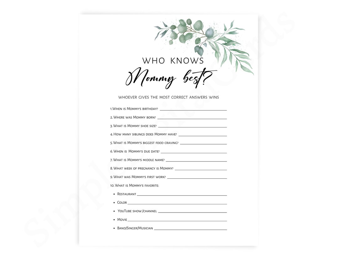 Who Knows Mommy Best Baby Shower Game Greenery, Baby Shower Game Boy