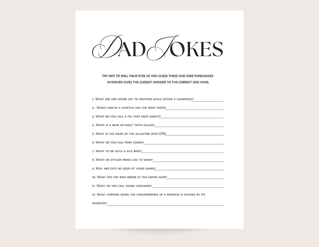 Baby Shower Game Dad Jokes, Printable Black and White Game. Instant ...