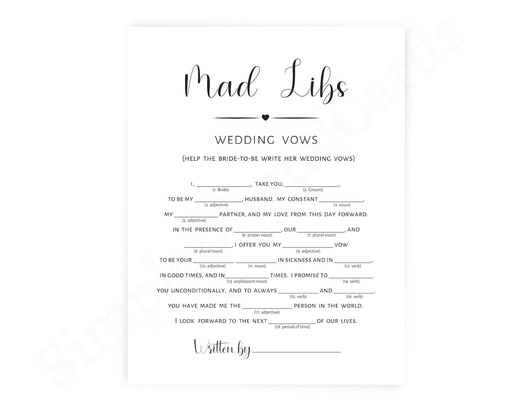 Mad Libs Wedding Vows, Bridal Shower Game Minimalist, Write Wedding Vow