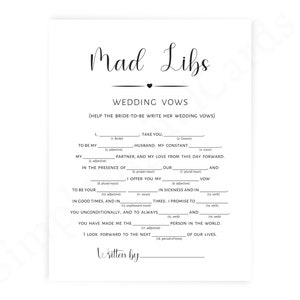 Mad Libs Wedding Vows Game: Minimalist Bridal Shower (Digital Download)