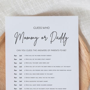 Mama of papa, babyshowerspellen, raad eens wie mama of papa babyshowerspel afdrukbare moderne, digitale download is