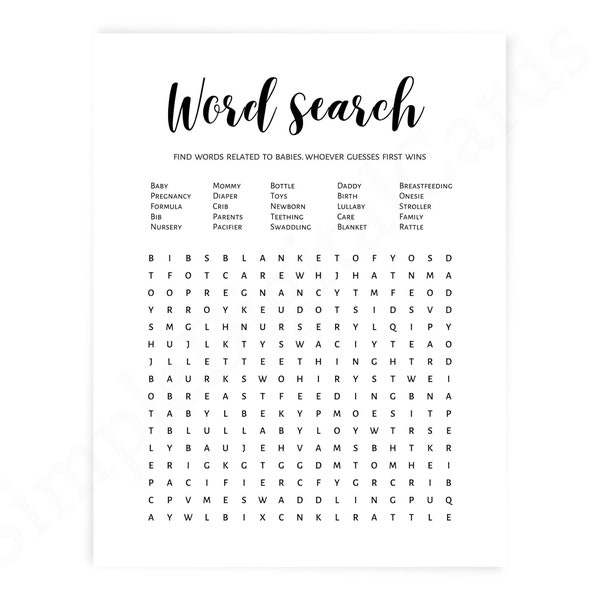 Word search baby shower game, find word game, gender reveal games, black white, boy, girl, gender neutral game printable, digital download