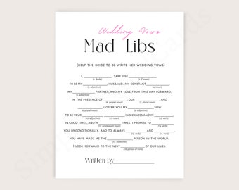 Może przedstawiać: Biały szablon ślubnych Mad Libs z czarnym tekstem i różowymi akcentami. Tytuł "Wedding Vows Mad Libs" jest w różowym skrypcie. Szablon zawiera podpowiedzi do wypełnienia dla panny młodej, aby napisała swoje śluby.