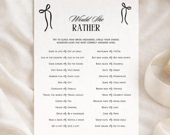 Would she rather - Bridal Shower Game. Minimalist, Vintage Bow. Editable in Canva.