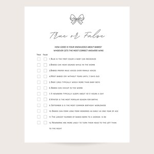 Minimalist Baby Shower Game: True or False Quiz (Digital Download)