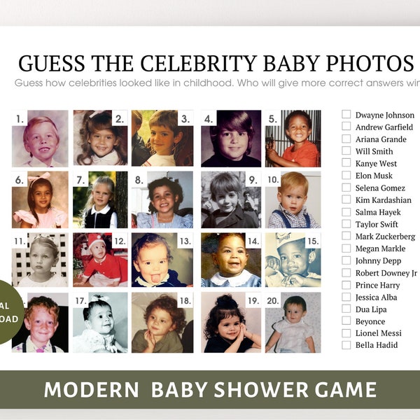 Guess the celebrity baby photos, baby shower games, minimalist, baby shower game printable, digital download