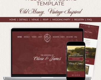 Wedding Website Invitation with RSVP form - Canva Template - Burgundy, Old Money, Vintage Style