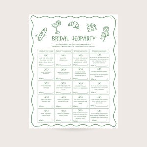 Puede incluir: Un juego imprimible de Jeopardy nupcial con un borde verde. El juego incluye categorías como "Acerca de la novia", "Acerca del novio", "Datos de la boda" y "Películas de boda". Cada categoría tiene preguntas con un valor de 100 a 500 puntos.