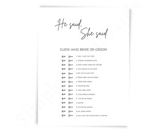 He Said She Said Bridal Shower Game: Minimalist Black & White (Digital Download)