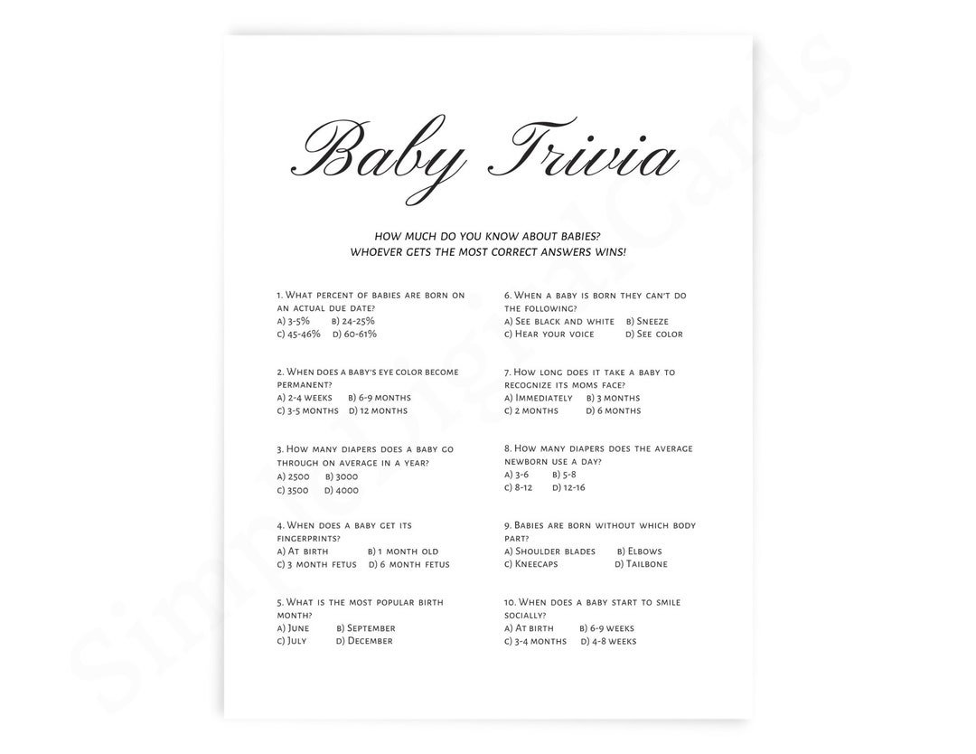Baby Trivia, Baby Shower Game Minimalist, Baby Shower Quiz, Boy, Girl, Gender Neutral, Printable