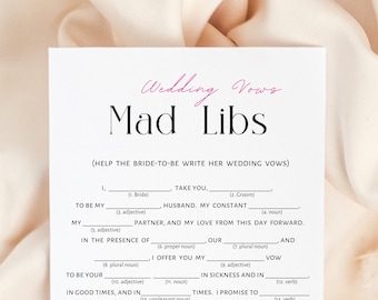 Mad libs wedding vows bridal shower game pink and black, digital download