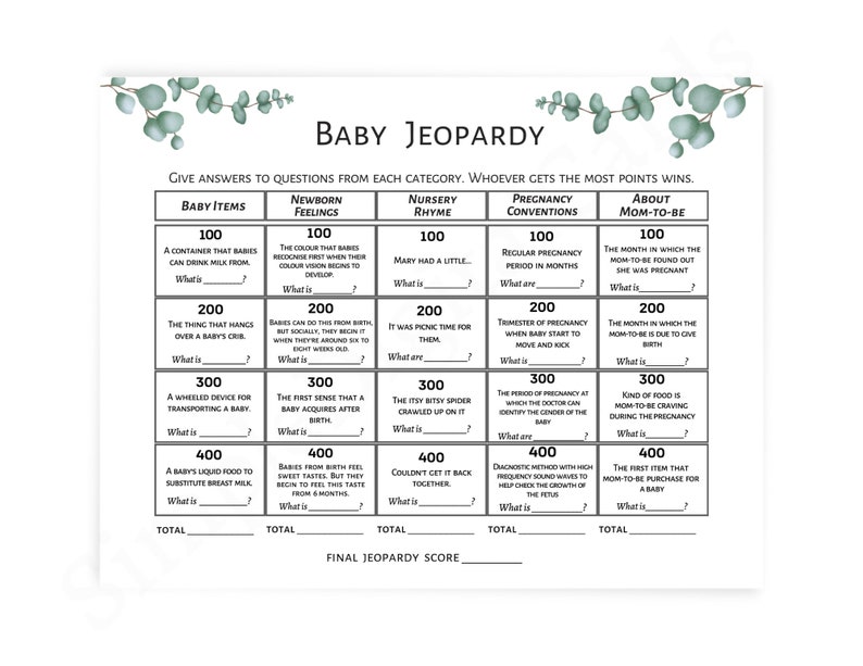Baby Jeopardy, Baby Shower Game Greenery, Eucalyptus Game, Boy, Girl