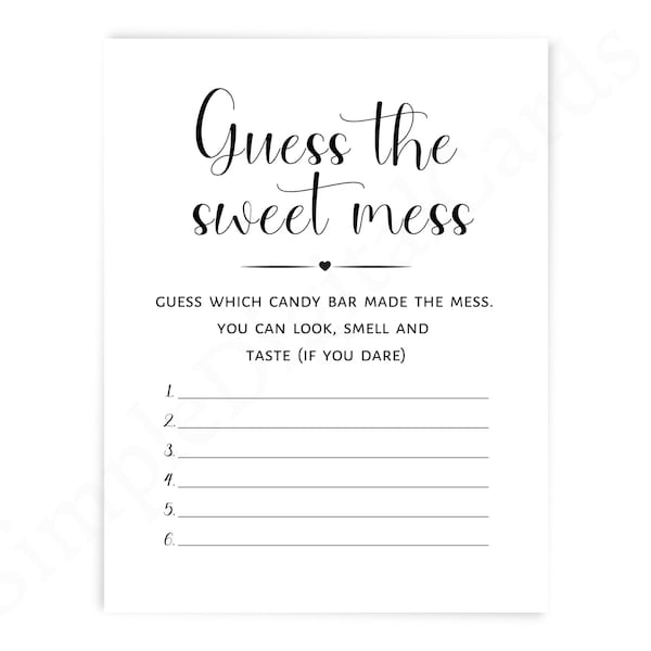 Guess the sweet mess, baby shower game minimalist, guess candy bar game, boy, girl, gender neutral, printable game, digital download