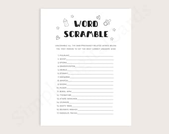 Puede incluir: Un juego de baby shower imprimible con el título "Word Scramble". El juego instruye a los jugadores a descifrar 17 palabras relacionadas con bebés.