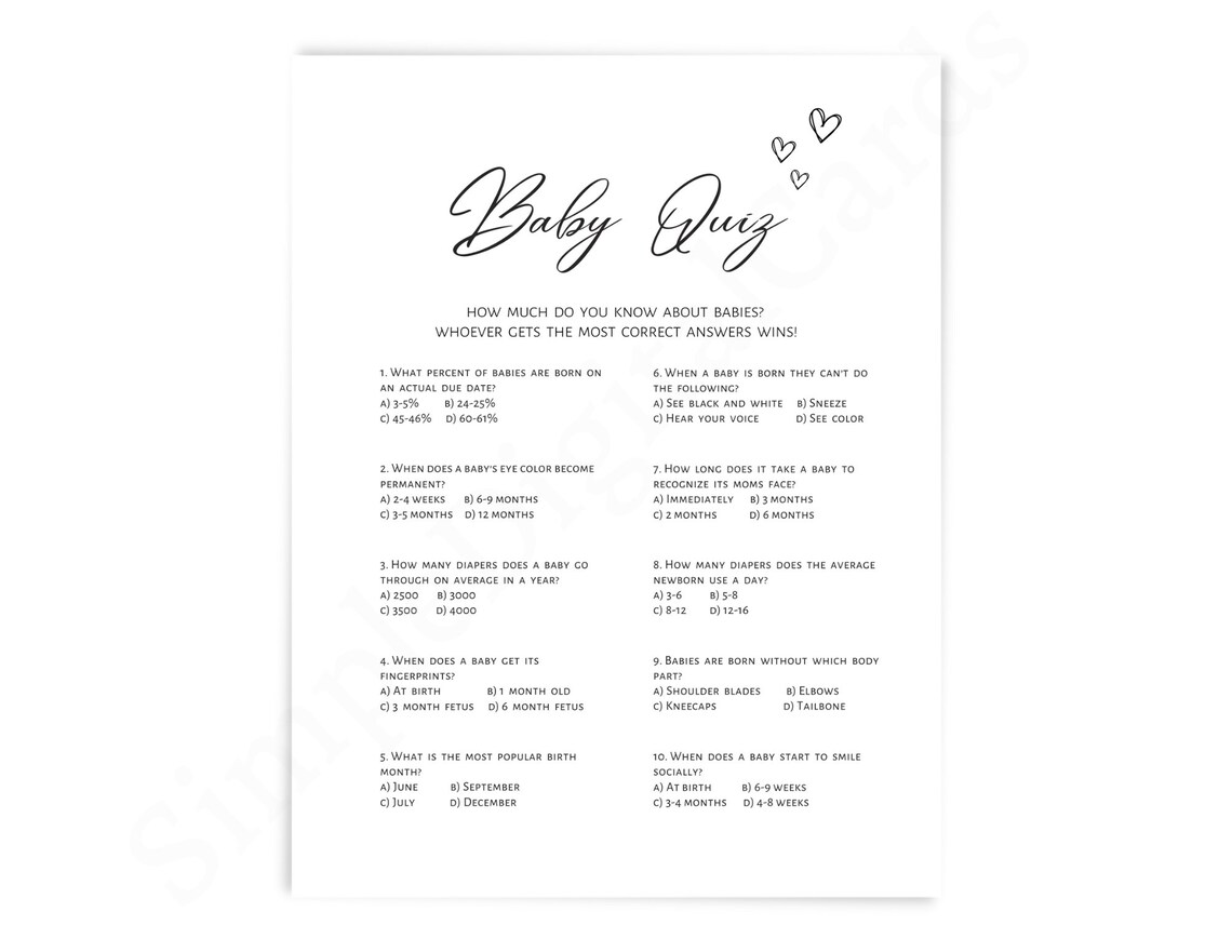 Baby Quiz Baby Shower Game, Baby Trivia, Black White, Boy, Girl, Game