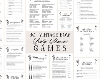 30 baby shower games bundle minimalist bow, editable Canva template. Instant download
