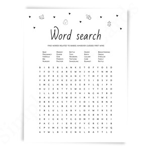 Word search baby shower game, find word game, black white, boy, girl, gender neutral, game printable, digital download