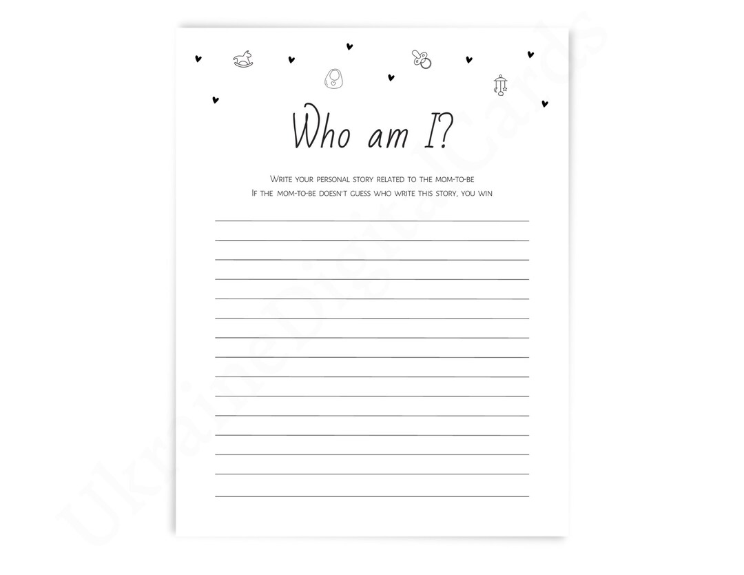 Who Am I, Baby Shower Game, Guess Story Game, Black White Modern Game Printable, Digital
