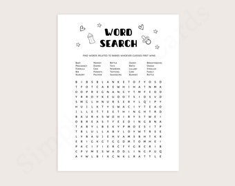 Baby shower game word search, minimalist black white printable game. Digital download