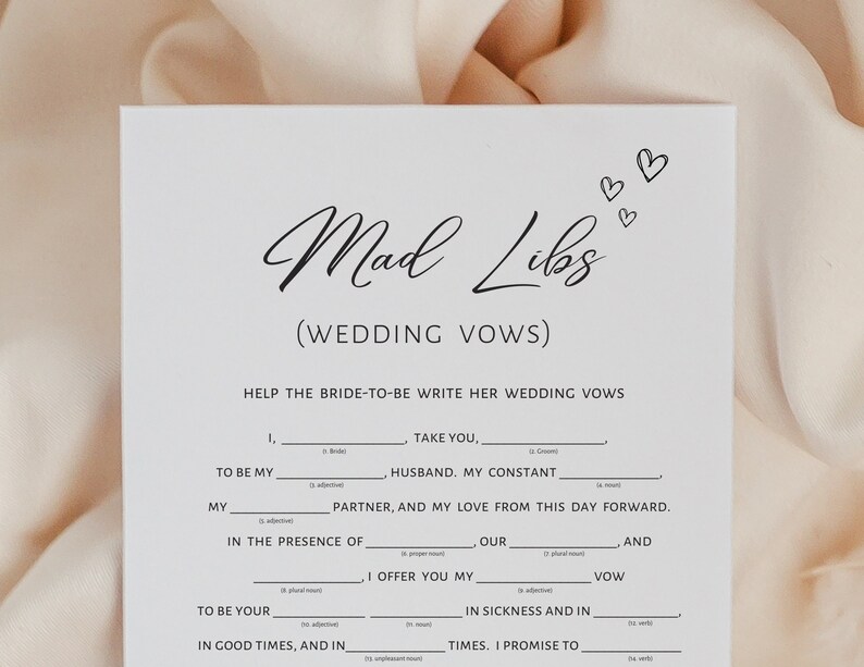Mad Libs Wedding Vows, Bridal Shower Games, Hearts, Black White ...