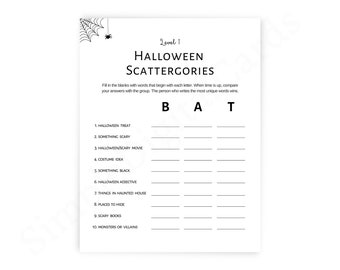 halloween scattergories game printable, halloween game for kids and adult, minimalist design digital download