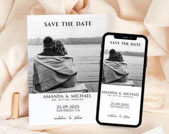 Printable and electronic save the date editable in Canva, minimalist modern design.