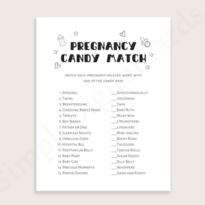 Puede incluir: Una tarjeta de juego imprimible en blanco y negro para un baby shower o una fiesta de embarazo. El juego se llama "Pregnancy Candy Match" y pide a los jugadores que emparejen cada palabra relacionada con el embarazo con una de las barras de caramelo enumeradas.
