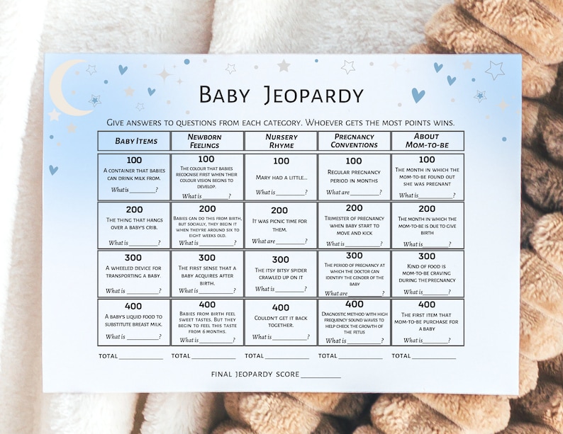Baby Jeopardy Baby Shower Game Boy, Baby Shower Blue, Moon and Stars ...