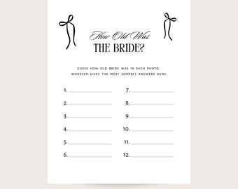 Bridal Shower Game - How old was the Bride. Minimalist, Vintage Bow. Printable. Digital Download.