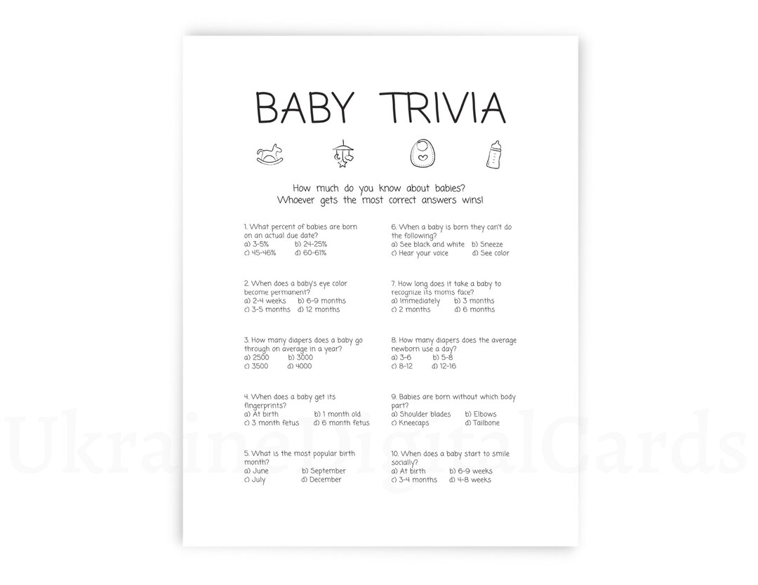 Baby Trivia, Baby Shower Game, Baby Shower Quiz, Black White Game