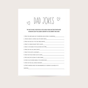 Dad Jokes baby shower game digital download, minimalist printable game. Black and white game - hearts.