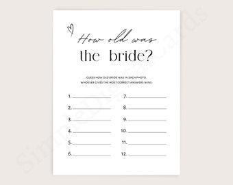 How old was the bride, bridal shower game minimalist. Guess age game. Digital download