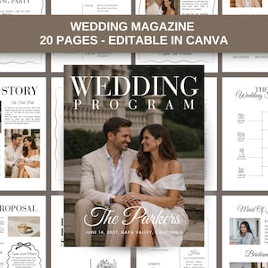 May include: A wedding magazine template with a cover featuring a couple. The magazine includes sections for the wedding party, story, timeline, proposal, and maid of honor. The cover reads "Wedding Program" and "The Parkers, June 14, 2027, Napa Valley, California."