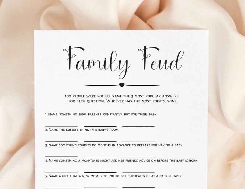 Baby Shower Family Feud Game Cards - 30 Double-Sided Fill-In Cards With Answers, Minimalist Design
