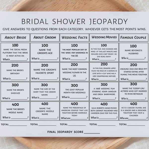 Bridal shower jeopardy game, bridal shower games printable, bridal jeopardy, minimalist modern game, instant download