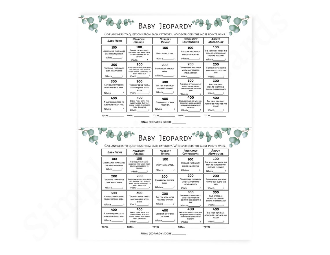 Baby Jeopardy, Baby Shower Game Greenery, Eucalyptus Game, Boy, Girl