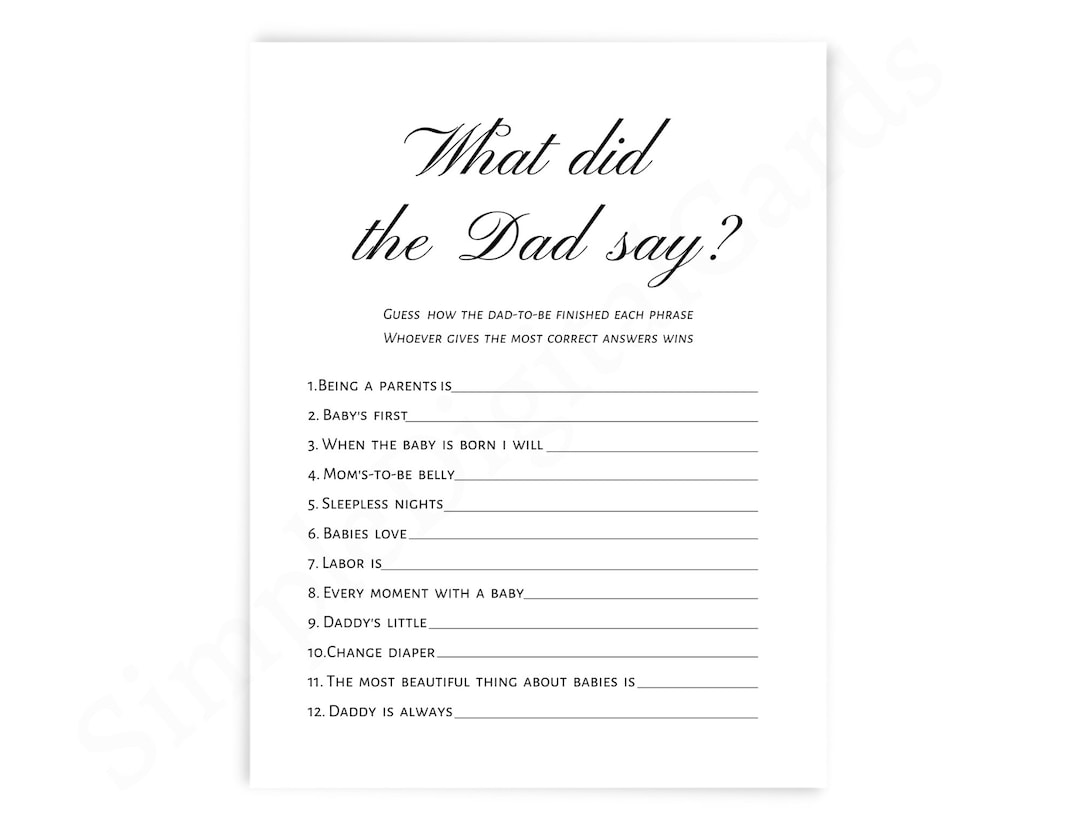What Did the Dad Say Baby Shower Game Minimalist, Boy, Girl, Gender