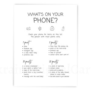 What&#39;s on your phone, baby shower games, black white printable game, digital download