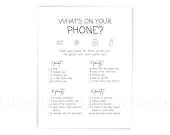 What's on your phone, baby shower games, black white printable game, digital download