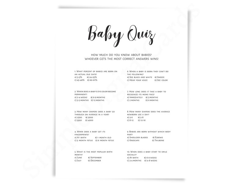 Baby Quiz Baby Shower Game, Trivia, Black White, Boy, Girl, Gender