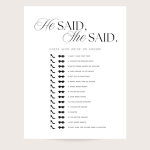 Bridal shower game he said she said game, guess who bride or groom. Game printable. Instant download