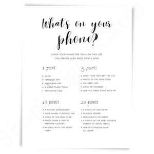 What&#39;s On Your Phone Baby Shower Game: Black & White Printable (Digital Download)