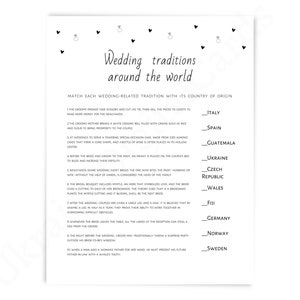 Game Wedding traditions around the world, bridal shower game, simple black white printable game, digital download