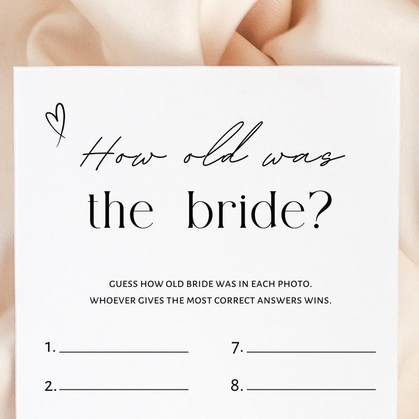 How old was the bride, bridal shower game minimalist. Guess age game. Digital download