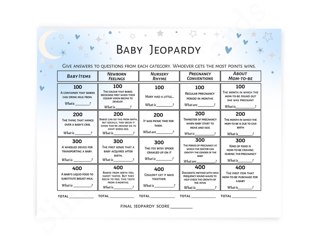 Baby Jeopardy Baby Shower Game Boy, Baby Shower Blue, Moon and Stars ...