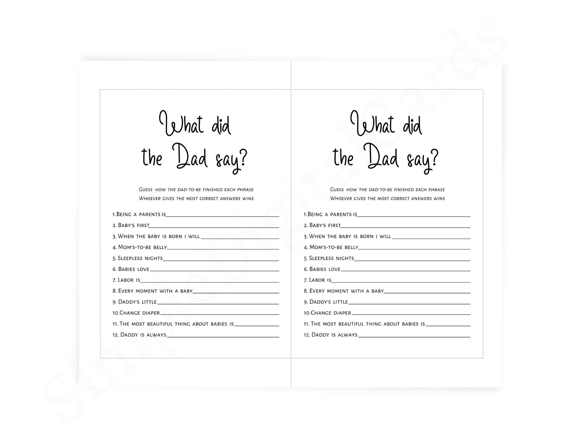 What Did the Dad Say, Baby Shower Game, Co Ed Baby Shower, Boy, Girl