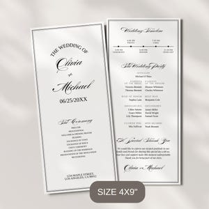 May include: Wedding program with the names Olivia and Michael, and the date 06/25/20XX. The program includes the ceremony details, wedding party, and a thank you message. The size is 4x9 inches.
