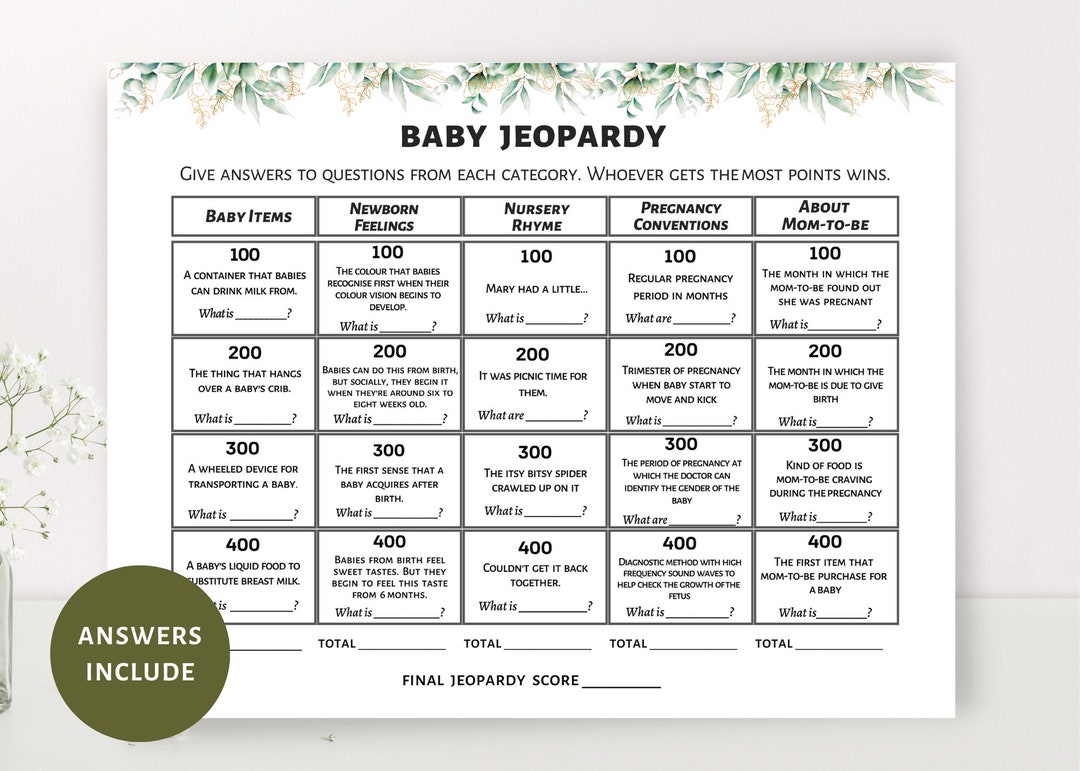 Baby Jeopardy Games, Baby Shower Games Printable, Greenery Baby Shower ...